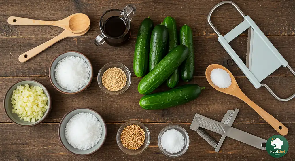 ingredientes frescos para como fazer salada de pepino estilo japonês: pepino, vinagre, açúcar e gergelim organizados sobre mesa