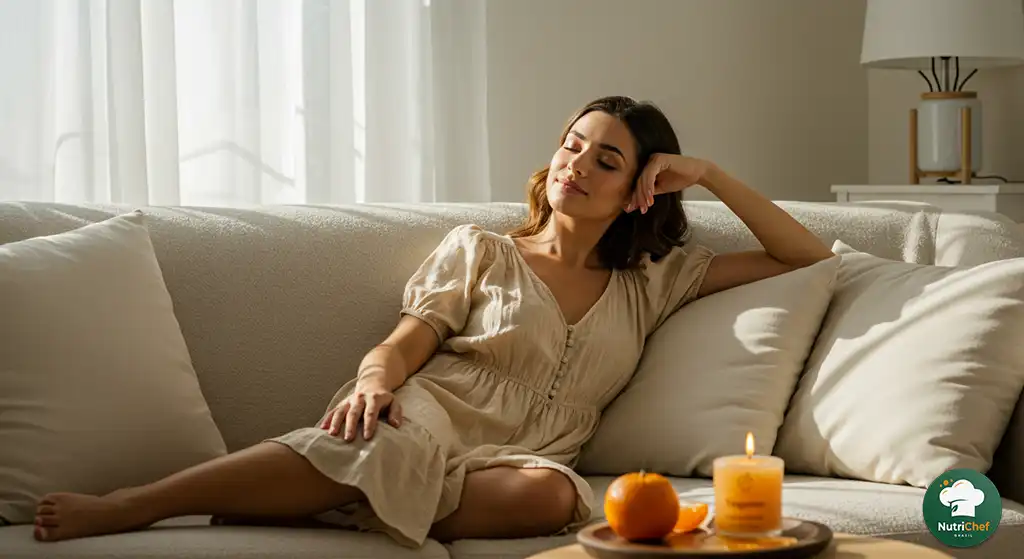 Mulher relaxando com aroma de tangerina