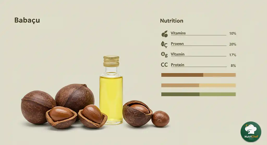 Tabela nutricional ao lado de castanhas e óleo de babaçu