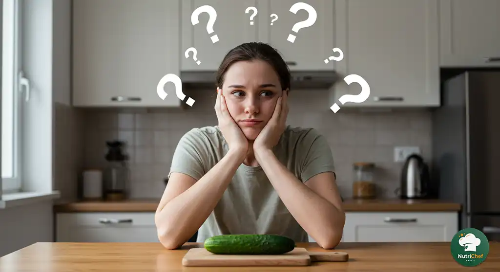 pessoa olhando para pepino com dúvida sobre como fazer salada de pepino, expressão pensativa e interrogações sobre preparo saudável