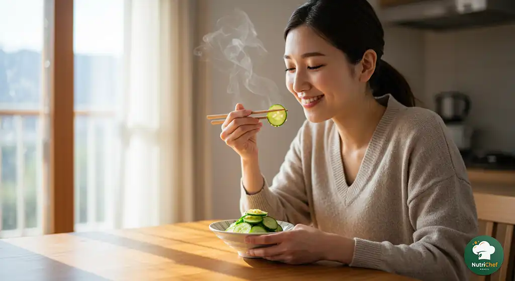 pessoa feliz saboreando receita de como fazer salada de pepino japonesa em ambiente acolhedor, expressão de satisfação e leveza
