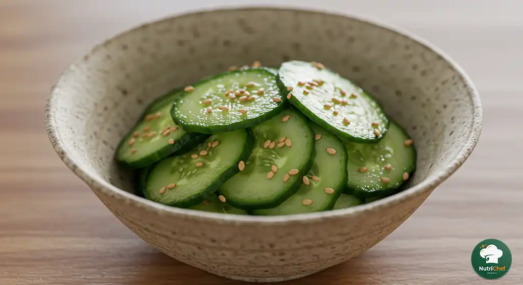 como fazer salada de pepino japonesa pronta e servida com gergelim, rica em fibras e refrescante para digestão leve