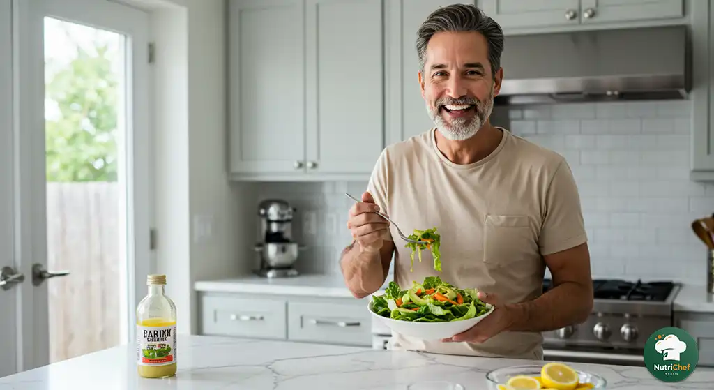 Pessoa feliz saboreando uma salada verde saudável em cozinha iluminada com luz natural