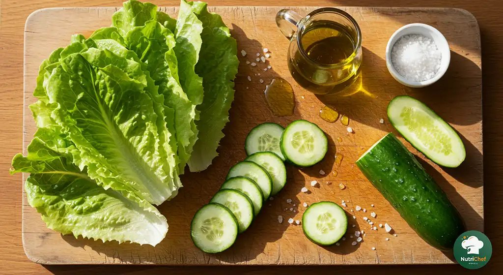 Ingredientes de salada verde dispostos em mesa de madeira: alface, pepino, azeite, sal e faca de chef