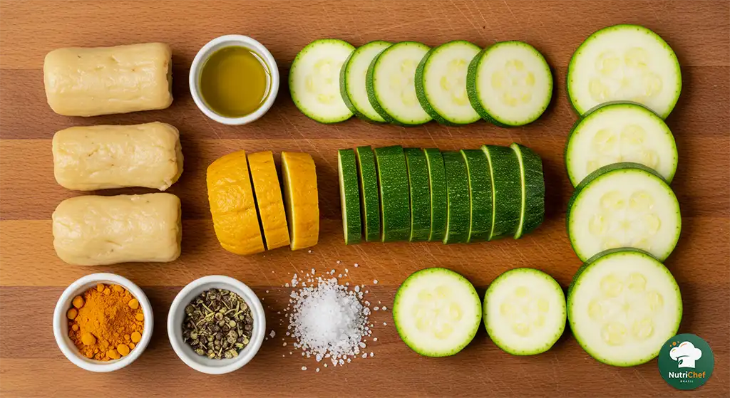 dieta para gastrite: ingredientes crus e cozidos como mandioquinha, abobrinha, cúrcuma e azeite