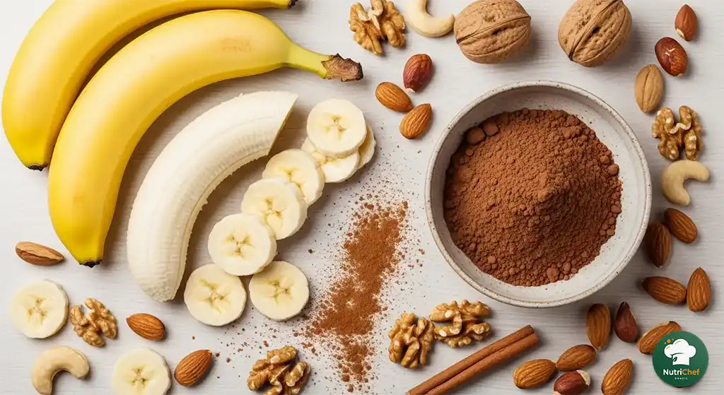 Ingredientes naturais de uma sobremesa saudável: banana madura, cacau em pó 100%, canela, castanhas e chia, dispostos sobre tábua de madeira. Preparação rica em fibras e energia limpa.
