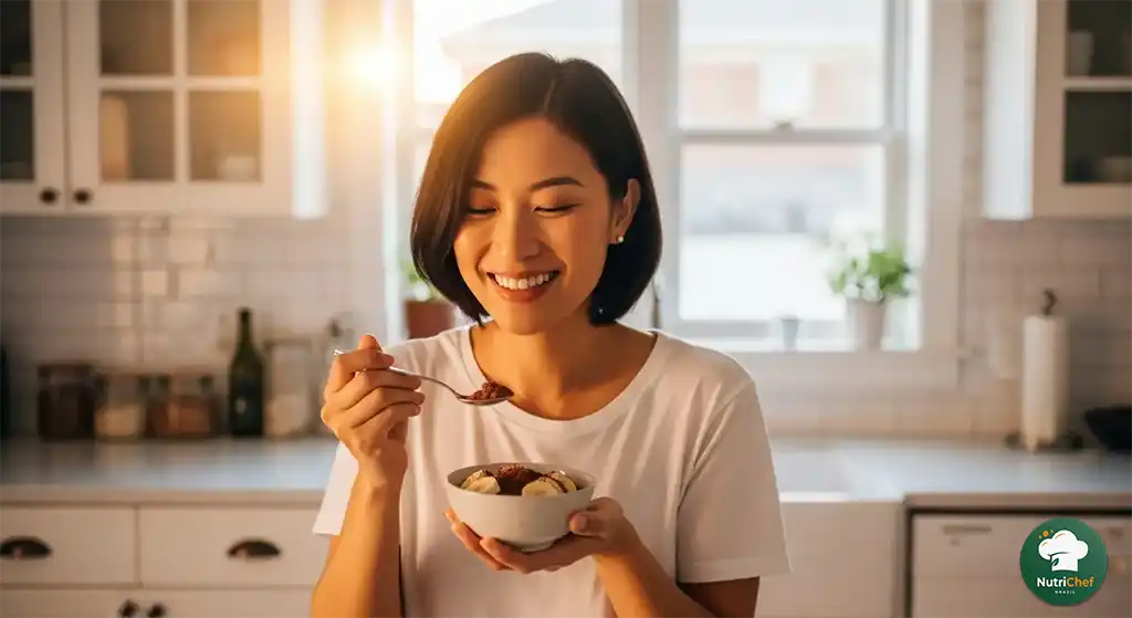 Pessoa feliz saboreando uma sobremesa saudável à base de banana e cacau, em ambiente acolhedor. Representa prazer comendo doce sem culpa, com benefícios digestivos e funcionais.