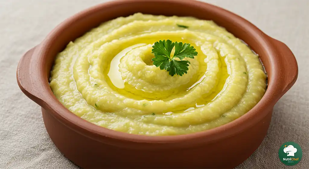 dieta para gastrite: purê cremoso de mandioquinha e abobrinha com azeite, servido em tigela rústica