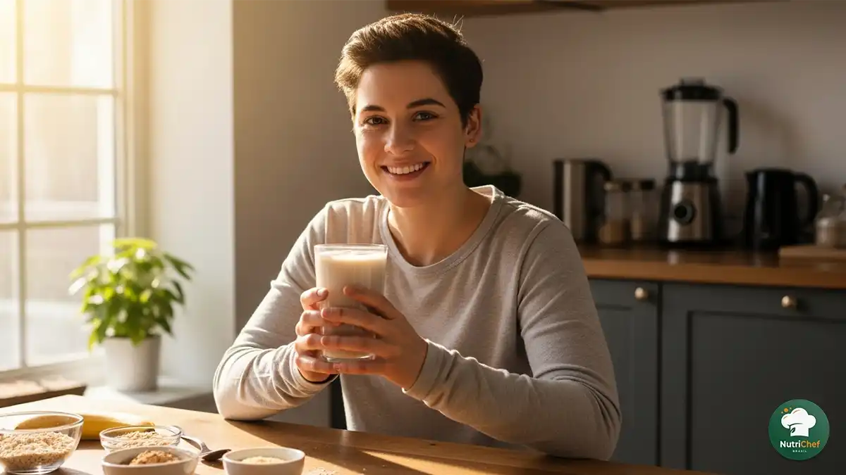 Pessoa consumindo um <strong>hipercalórico caseiro</strong> após o treino, com expressão de satisfação
