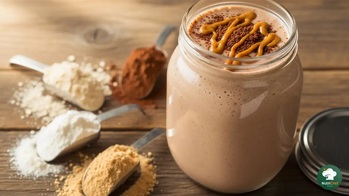 Shake de <strong>hipercalórico caseiro</strong> pronto para beber, com textura cremosa e aparência nutritiva
