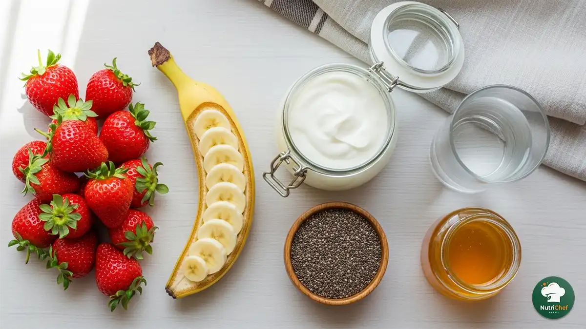 ingredientes naturais para vitamina de morango: morangos, banana, iogurte, chia e mel