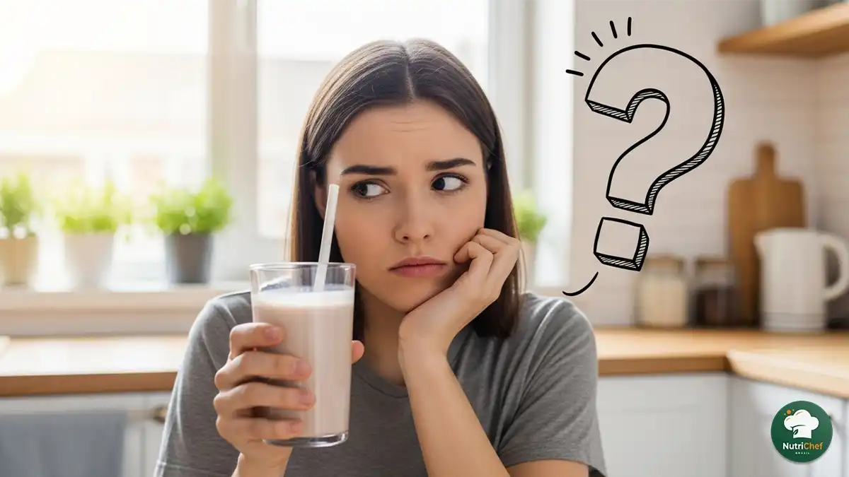 Pessoa olhando para um shake de <strong>hipercalórico caseiro</strong> com expressão de dúvida e curiosidade