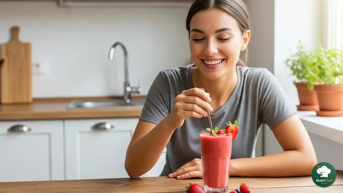 mulher feliz tomando vitamina de morango com iogurte em ambiente iluminado e saudável
