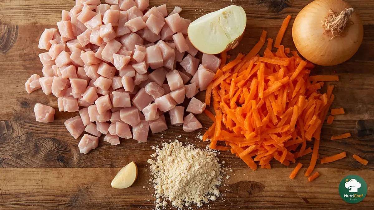 Ingredientes crus como cubos de peito de frango fresco e cenouras recém-raladas dispostos sobre uma tábua rústica de madeira