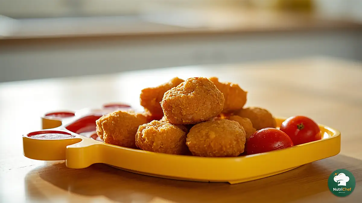 Nuggets caseiros dourados e crocantes servidos em um prato infantil colorido com formato de ursinho, acompanhados de tomatinhos cereja