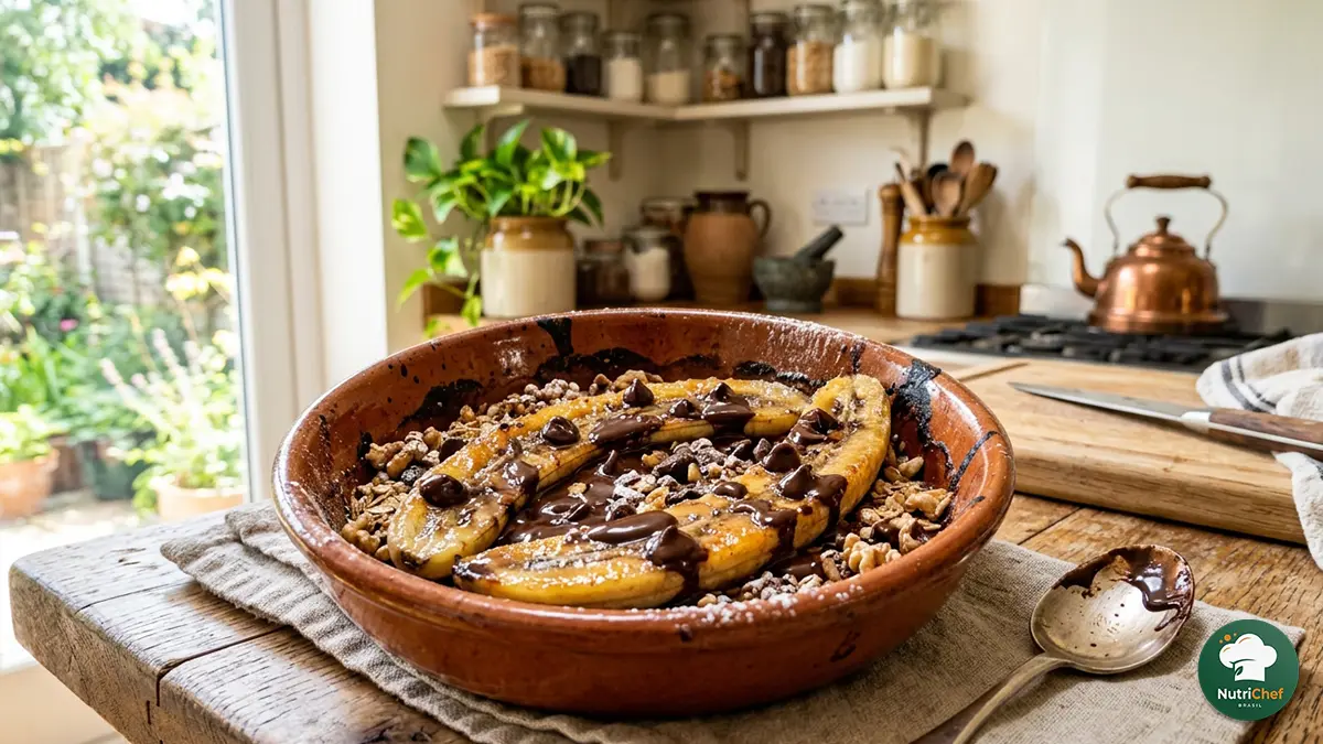 Receita Saudável com Banana com canela e aveia acomodada perfeitamente no prato em cima de uma mesa.