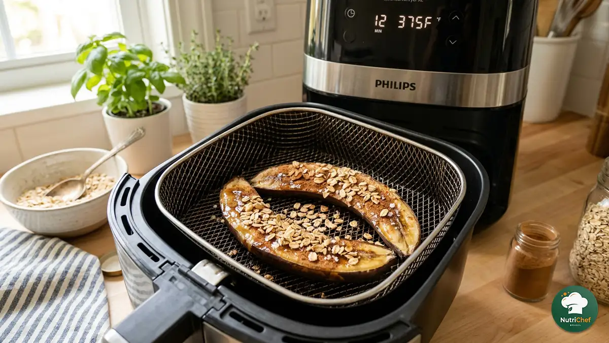 uma banana assada com canela e aveia acomodada perfeitamente no cesto de uma Airfryer iluminada