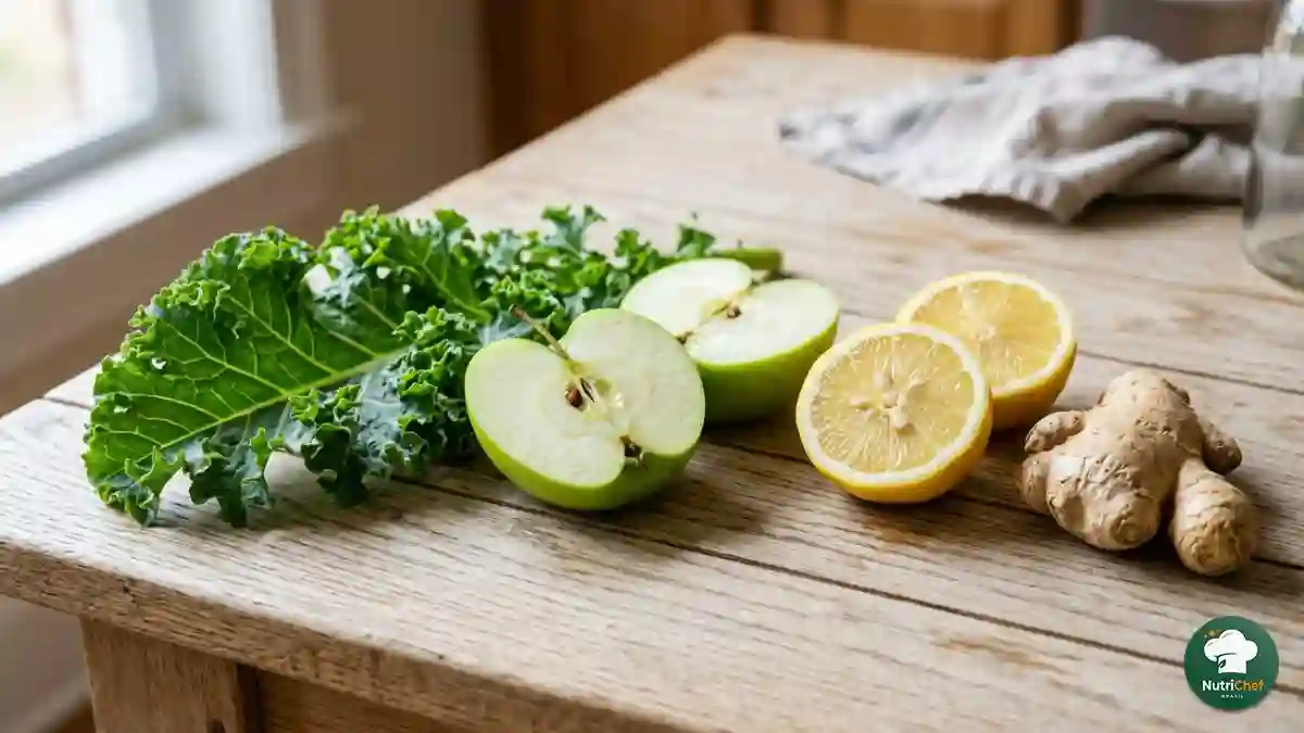 Ingredientes crus frescos organizados sobre uma mesa de madeira, exibindo folhas de couve verde, fatias de pepino, uma maçã inteira e pedaços de gengibre.
