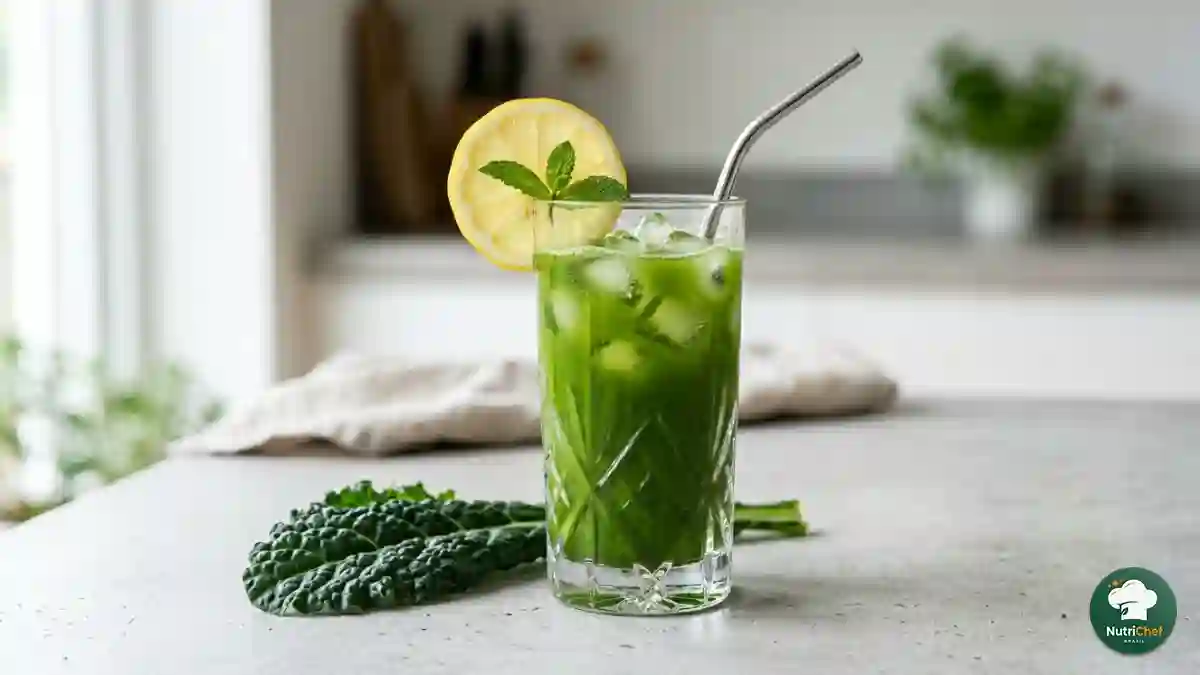 Copo de vidro alto com suco detox verde bem gelado, decorado com uma rodela de limão na borda e posicionado sobre uma superfície de madeira clara.